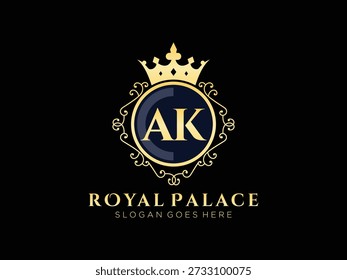 Emblema de monograma ak premium, coroa real, círculo escuro, quadro ornamentado, crista formal, marca real.