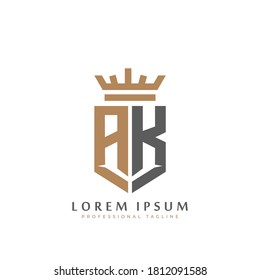 Premium AK Monogram of Two letters A&K. Elegant gold shield initials and crown geometric old retro graphic logo design. alphabet vector elements stock illustration