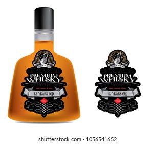 Premium alcohol label  Silver vintage typography vector with bottle mock-up