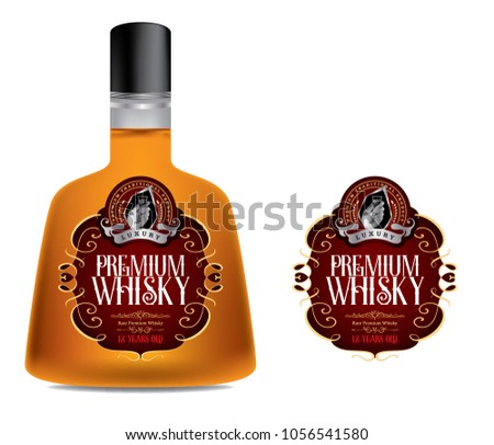 Premium alcohol label  Silver vintage typography vector with bottle mock-up