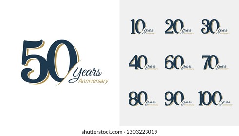 Premium anniversary logo collections. Birthday number for celebration moment with elegant style. 10, 20, 30, 40, 50, 60, 70, 80, 90, 100, years logo set