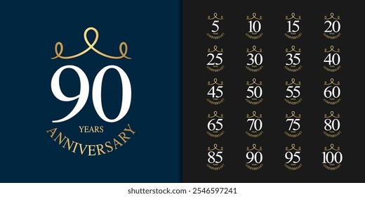 Premium anniversary logotype set. Golden anniversary celebration emblem design for company profile, leaflet, magazine, brochure, web, banner, invitation or greeting card. Vector illustration.