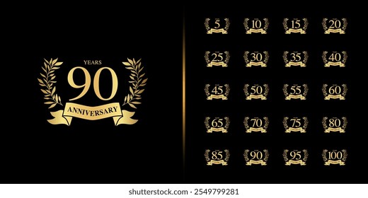 Premium anniversary logotype set. Golden anniversary celebration emblem design for company profile, leaflet, magazine, brochure, web, banner, invitation or greeting card. Vector illustration.
