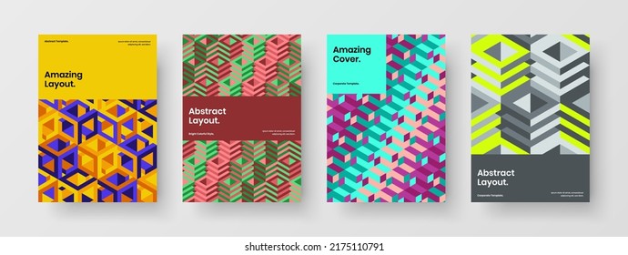 Premium annual report design vector illustration composition. Vivid geometric hexagons corporate brochure concept bundle.