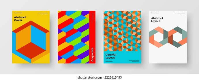 Premium annual report design vector concept bundle. Fresh mosaic hexagons pamphlet layout collection.