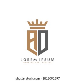 Premium AO Monogram of Two letters A&O. Elegant gold shield initials and crown geometric old retro graphic logo design. alphabet vector elements stock illustration