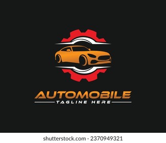 Premium automotive Sport Car with  gear and speedometer Logo. Vector design for car showroom, automotive, car dealer, style car, sports vehicle, repair shop.