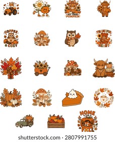 Premium autumn bundle featuring cozy harvest elements including pumpkins, woodland animals, highland cows, mushrooms, sunflower carts, coffee mugs, pie slices, vintage trucks, farmhouse décor, floral arrangements, fall foliage, seasonal desserts, rustic decorations, and Thanksgiving inspired icons. Perfect for apparel, greeting cards, stickers, scrapbooking, sublimation, invitations, seasonal branding, farmhouse décor, and autumn holiday merchandise.