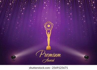 Premium Award With Cluster Of Lights On Purple Background. Royal Ethnic Theme Concept Design Vector Illustration For Grand Music Concert, Movie, Party, Festival Celebration Element Etc.