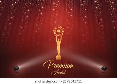 Premium Award With Cluster Of Lights On Red Background. Royal Ethnic Theme Concept Design Vector Illustration For Grand Music Concert, Movie, Party, Festival Celebration Element Etc.