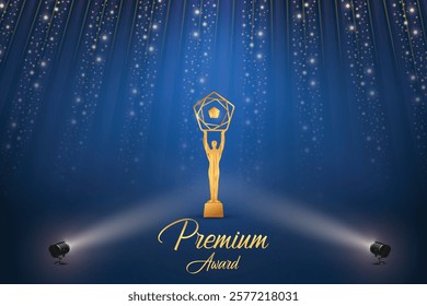 Premium Award With Cluster Of Lights On Blue Background. Royal Ethnic Theme Concept Design Vector Illustration For Grand Music Concert, Movie, Party, Festival Celebration Element Etc.