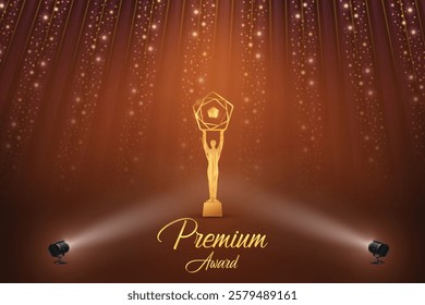 Premium Award With Cluster Of Lights On Brown Background. Royal Ethnic Theme Concept Design Vector Illustration For Grand Music Concert, Movie, Party, Festival Celebration Element Etc.