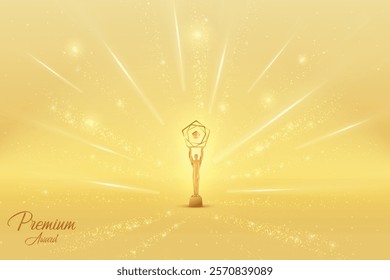 Premium Award With Cluster Of Lights Retro Style On Yellow Background. Royal Ethnic Theme Concept Design Vector Illustration For Grand Music Concert, Movie, Party, Festival Celebration Element Etc.