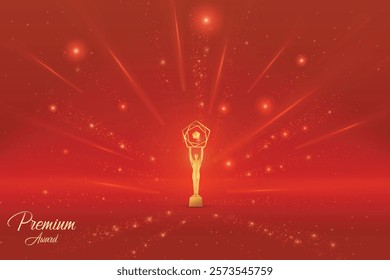 Premium Award With Cluster Of Lights Retro Style On Red Background. Royal Ethnic Theme Concept Design Vector Illustration For Grand Music Concert, Movie, Party, Festival Celebration Element Etc.