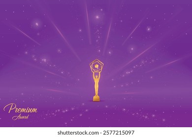 Premium Award With Cluster Of Lights Retro Style On Purple Background. Royal Ethnic Theme Concept Design Vector Illustration For Grand Music Concert, Movie, Party, Festival Celebration Element Etc.