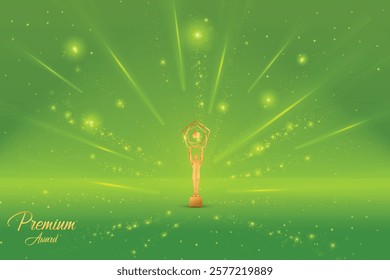 Premium Award With Cluster Of Lights Retro Style On Green Background. Royal Ethnic Theme Concept Design Vector Illustration For Grand Music Concert, Movie, Party, Festival Celebration Element Etc.