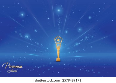 Premium Award With Cluster Of Lights Retro Style On Blue Background. Royal Ethnic Theme Concept Design Vector Illustration For Grand Music Concert, Movie, Party, Festival Celebration Element Etc.