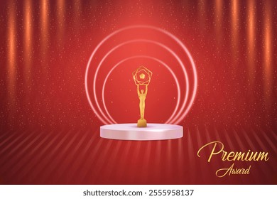 Premium Award On Podium With Beam Lights Falling On Red Background. Royal Ethnic Theme Elements Concept Design Vector Illustration For Grand Music Concert, Movie, Party, Festival Celebration Etc.