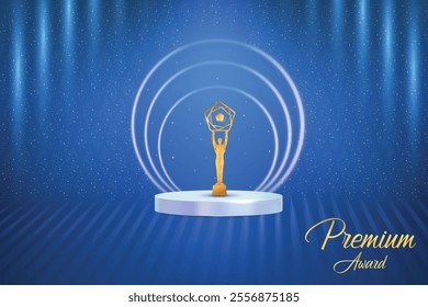 Premium Award On Podium With Beam Lights Falling On Blue Background. Royal Ethnic Theme Elements Concept Design Vector Illustration For Grand Music Concert, Movie, Party, Festival Celebration Etc.