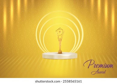 Premium Award On Podium With Beam Lights Falling On Yellow Background. Royal Ethnic Theme Elements Concept Design Vector Illustration For Grand Music Concert, Movie, Party, Festival Celebration Etc.