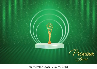 Premium Award On Podium With Beam Lights Falling On Green Background. Royal Ethnic Theme Elements Concept Design Vector Illustration For Grand Music Concert, Movie, Party, Festival Celebration Etc.
