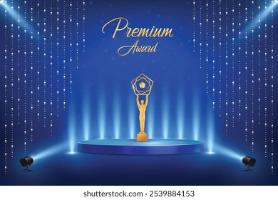 Premium Award On Podium With Set Of Hanging Lights On Blue Background. Royal Ethnic Theme Elements Concept Design Vector Illustration For Grand Music Concert, Movie, Party, Festival Celebration Etc.