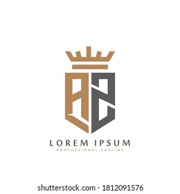 Premium AZ Monogram of Two letters A&Z. Elegant gold shield initials and crown geometric old retro graphic logo design. alphabet vector elements stock illustration