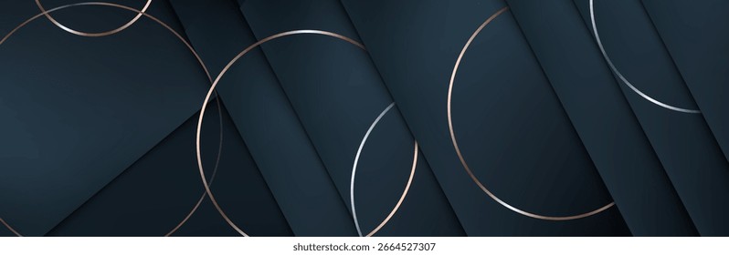 Diseño de fondo de Premium con patrón de línea azul (textura) en color pastel lujoso. Plantilla Horizontal Abstractas del Vector para el Anuncio del negocio. Fondo azul oscuro con los círculos marrones dorados. 