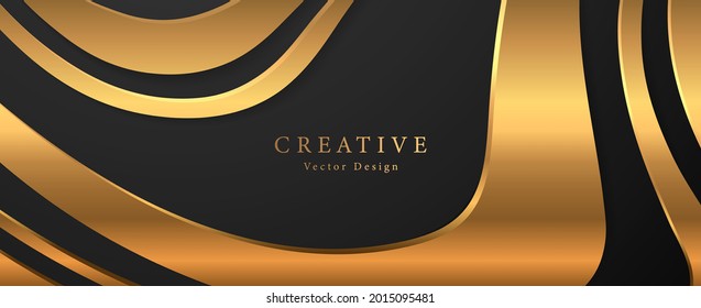 Premium background design with gold curve line pattern on black backdrop. Vector horizontal template for business banner, formal invitation, luxury voucher, prestigious gift certificate