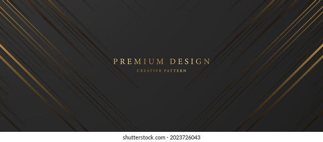 Premium background design with horizontal diagonal dynamic gold line pattern on black backdrop. Vector template for business banner, formal invitation, luxury voucher, prestigious gift certificate