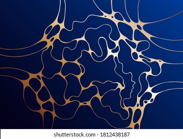 Fondo premium con formas de fluidos de lujo y líneas de estructura de rejilla dorada. Fondo rico, diseño azul oscuro de primera calidad. Gradiente líquido formas de líneas de oro de lujo vectores de fondo de pared de moda.