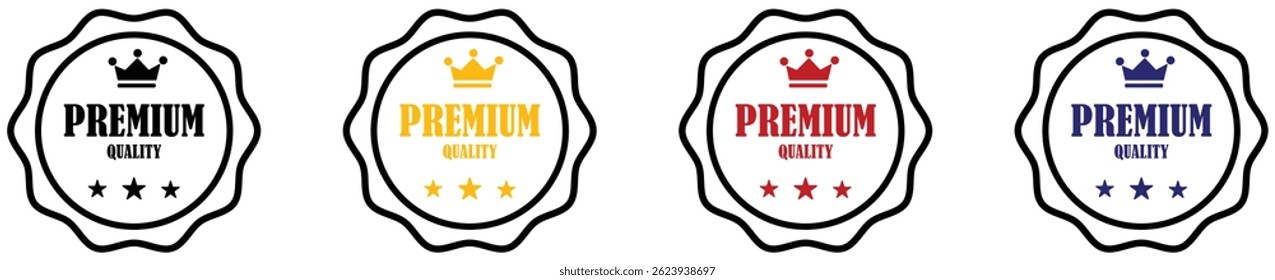 Crachá de qualidade superior definido em fundo branco. Etiqueta premium decorativa com símbolo de royalty. Ícone de certificação confiável com estrelas e coroa. Etiqueta de crachá premium com coroa. Ilustração vetorial