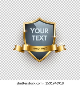 Premium badge realistic vector illustration. Golden label with ribbon and text space on transparent background. Luxurious golden emblem, insignia concept. Brand marketing design element