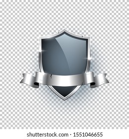 Premium badge realistic vector illustration. Silver label with ribbon and text space on transparent background. Luxurious silver emblem, insignia concept. Brand marketing design element