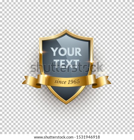 Premium badge realistic vector illustration. Golden label with ribbon and text space on transparent background. Luxurious golden emblem, insignia concept. Brand marketing design element