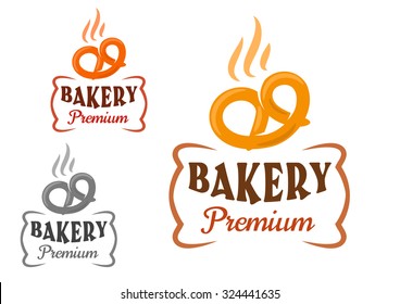 Premium bakery emblem with fresh baked soft pretzel, supplemented by figured frame. Isolated signs on white background