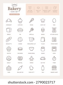 Premium bakery line icon set featuring 30 editable outline vector icons. Includes bread, croissant, donut, cake, cupcake, baking tools, ingredients, and bakery shop elements. Ideal for food branding, cafe menus, restaurant websites, mobile applications, packaging design, social media, and marketing materials.