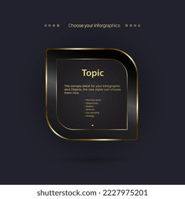 A premium banner in golden stoke and line with texts on dark background design, golden infographic banner vector design.