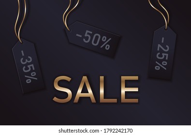 Premium banner with luxury sale tags with discount percent and golden text sale for web