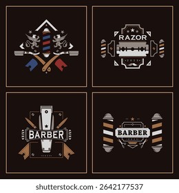 Premium barber shop logo set in a modern-retro style featuring scissors, razors, clippers, and barber poles. Perfect for upscale grooming brands seeking elegant and professional identity