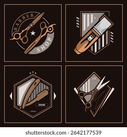 Premium barber shop logo set in a modern-retro style featuring scissors, razors, clippers, and barber poles. Perfect for upscale grooming brands seeking elegant and professional identity
