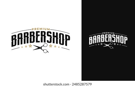 Diseño del logotipo de Premium barbershop. Símbolo de peluquero con letras y concepto de tijera. Vector de corte de pelo Antiguas