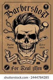 Premium barbershop vintage poster monochrome with dead man head on advertisement for hairdressing salon for real men vector illustration