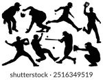 Premium baseball players Vector silhouettes. Baseball batter running up after hit. Softball fielder throwing ball. Different baseball male player positions. Batter, awaiting a pitch, with the catcher.