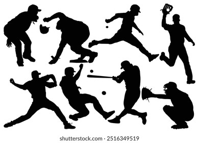 Premium baseball players Vector silhouettes. Baseball batter running up after hit. Softball fielder throwing ball. Different baseball male player positions. Batter, awaiting a pitch, with the catcher.