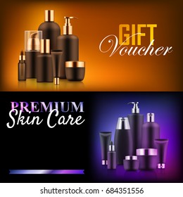 Premium beauty discount gift. Professional care concept. Offers and deals on makeup, perfume, skin care products. Realistic template vector illustration