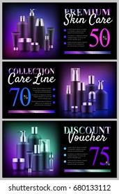 Premium beauty voucher set. Cosmetic care concept. Advanced skin tratment dermatology at great low prices. Realistic template vector illustration