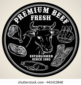 PREMIUM BEEF OR FRESH MEAT PRODUCT LABEL WITH BLACK ISOLATED BACKGROUND