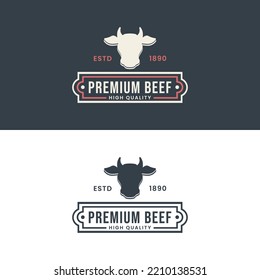Premium Beef Logo Vector or Premium Beef Label Vector. Cattle logo template in trendy style. Suitable for many purposes about Cow or cattle. Beef stamp or label text Prime Beef Natural Meat vector.