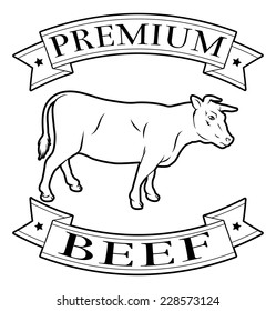 Premium beef menu icon of a cow and banners in a stamp style